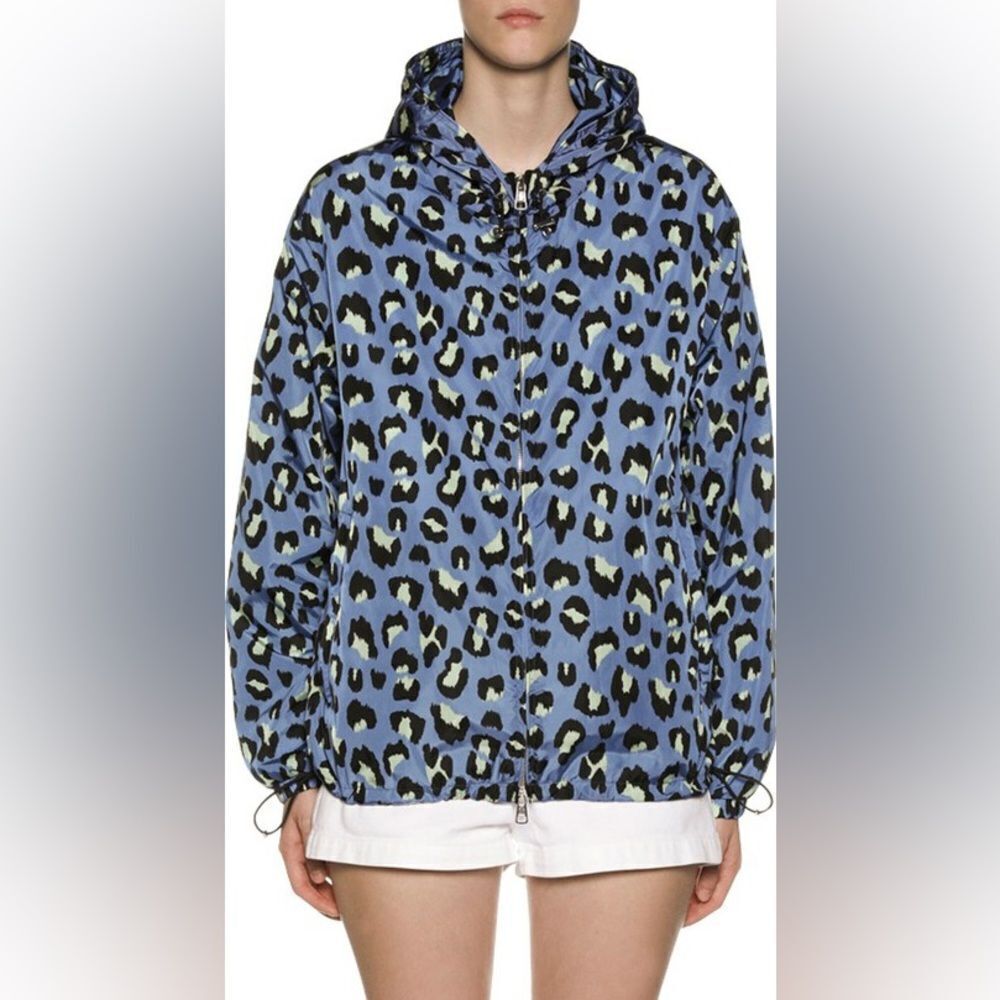 Moncler ALEXANDRITE GIUBBOTTO Blue Leopard Print Windbreaker Jacket